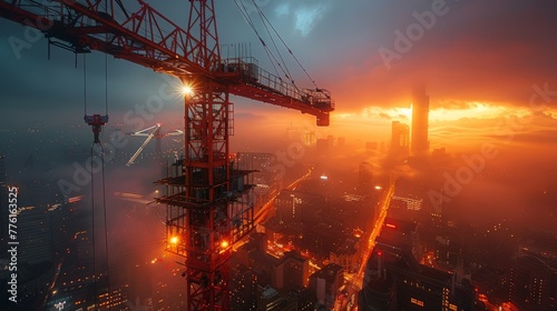 Mobile crane amidst future city, hyper-realistic details photo