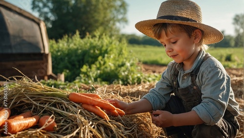 Little farm boy on eco farm is harvesting carrots on a beautiful Sunny day.