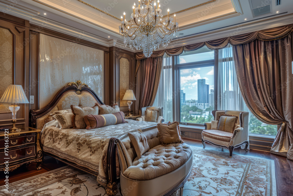 General view of luxury bedroom interior with bed and window. General view of luxury bedroom interior with bed and window.