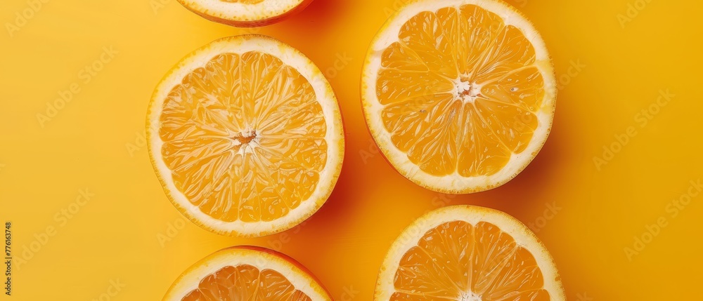   A group of oranges, halved, on a yellow background One orange is shown cut in two, the other similarly