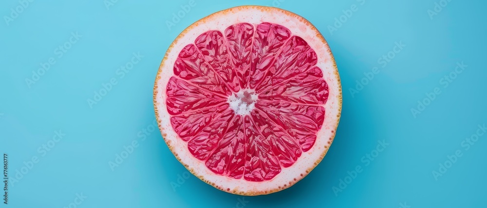 Grapefruit split in two on a blue backdrop, one half biten Grapefruit split in two on a blue backdrop, one half biten