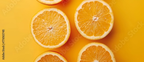  A group of oranges, halved, on a yellow background One orange is shown cut in two, the other similarly