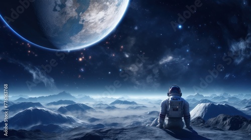 An lonely astronaut explore alien land landscape with giant planet and mountains. Fantasy wall paper.