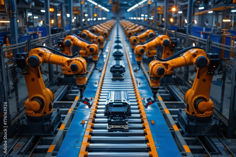 Several robotic arms working together in a car manufacturing process in a modern automated industrial setting Several robotic arms working together in a car manufacturing process in a modern automated industrial setting