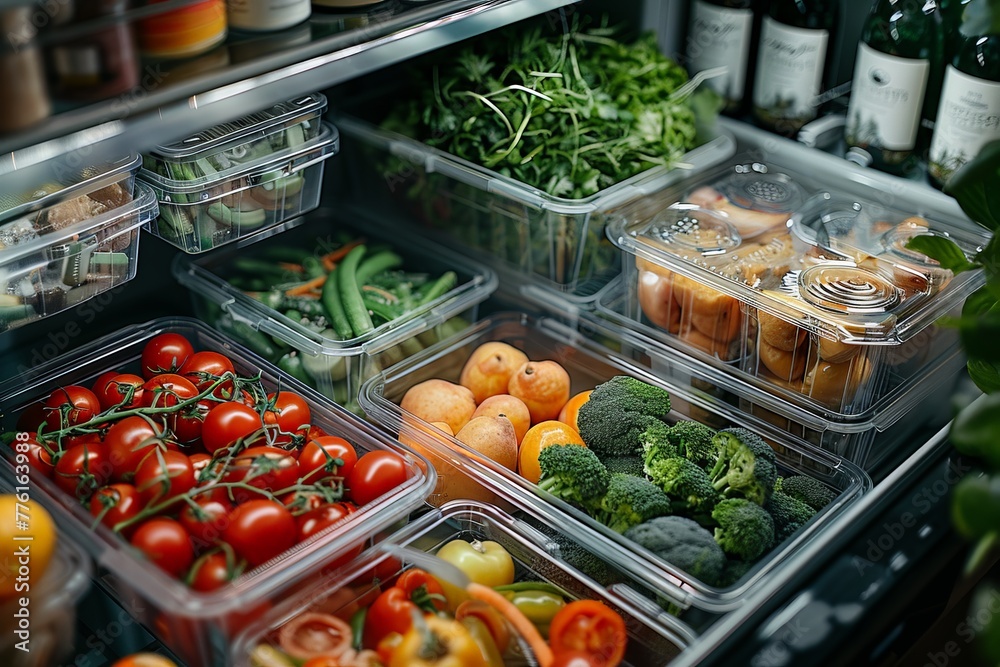 A detailed look at a well-organized fridge filled with labeled containers for easy meal preparation