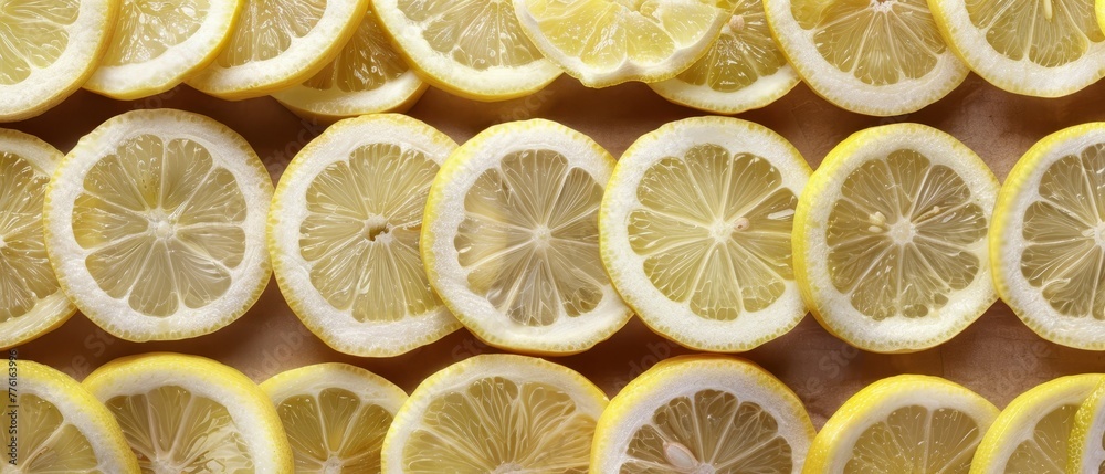 A collection of sliced lemons atop a weathered wood table, accompanied by an adjacent mound of whole lemons A collection of sliced lemons atop a weathered wood table, accompanied by an adjacent mound of whole lemons