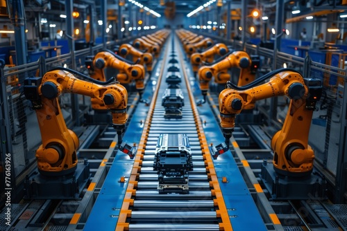 Several robotic arms working together in a car manufacturing process in a modern automated industrial setting
