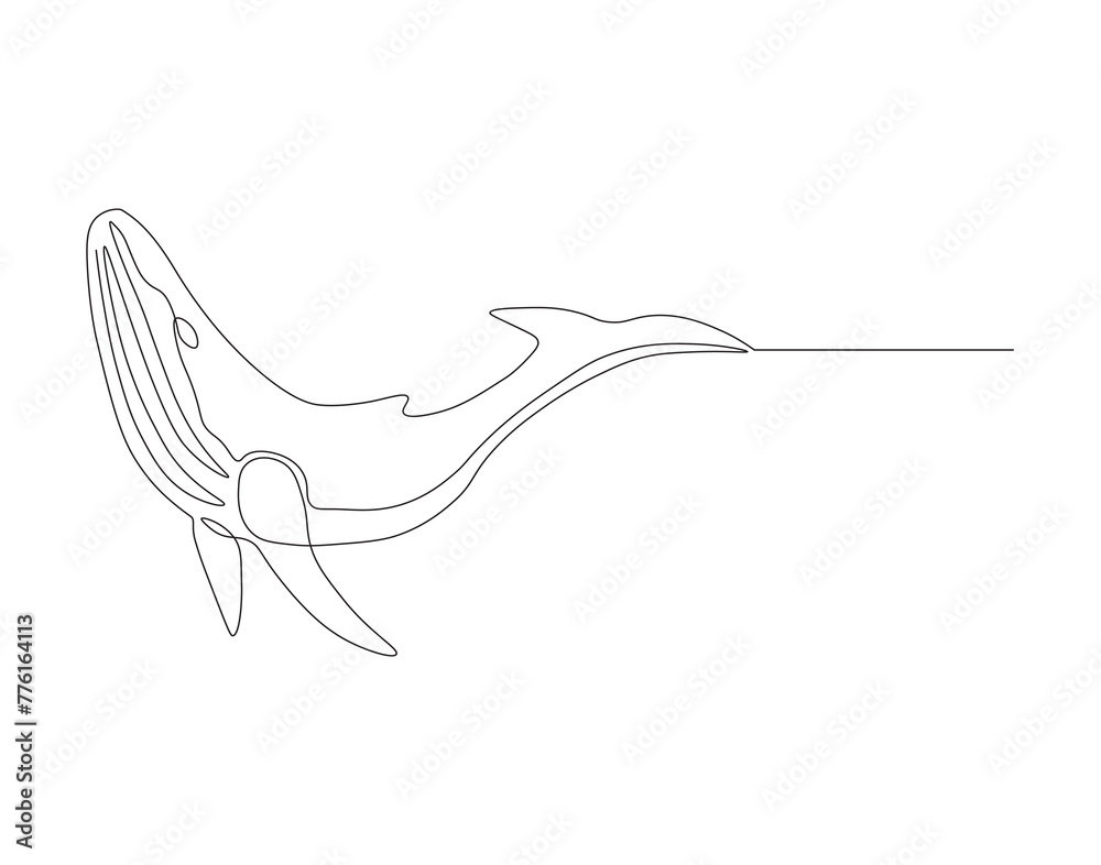 Continuous line drawing of blue whale fish. One line of swimming blue whale. Marine animal concept continuous line art. Editable outline.