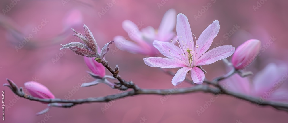   A pink flower focused up-close on a tree branch, surrounded by a hazy background of leaves and branches