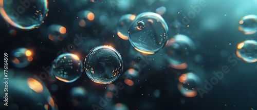  Multiple bubbles bobbing against a blue-black backdrop, filled with numerous floating bubbles