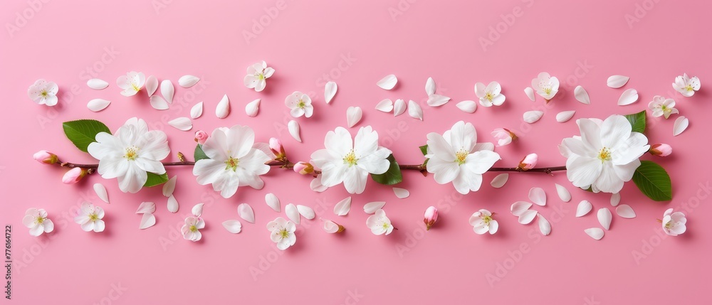   A pink background with white flowers and green leaves at the bottom, not the top