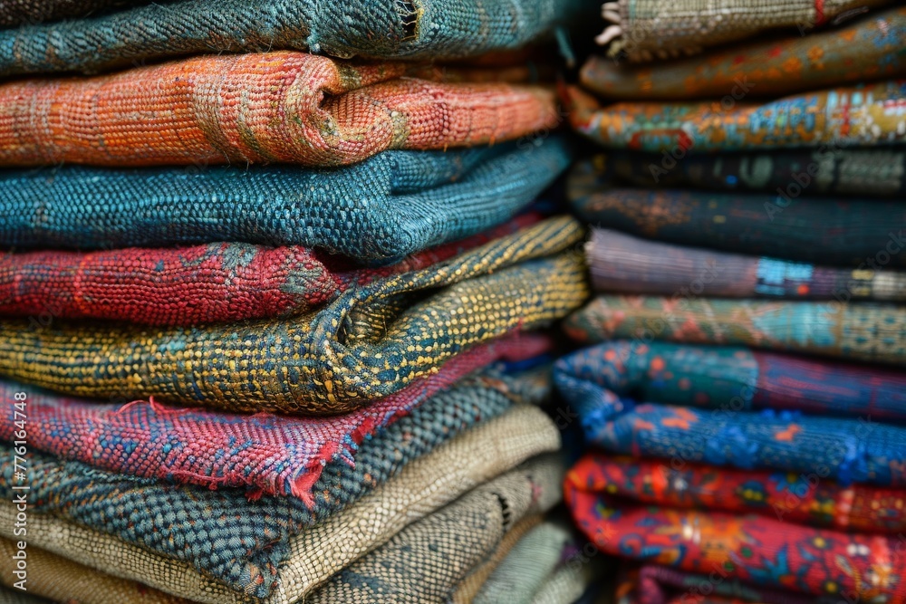 Close-up shot of several stacks of intricately woven fabrics revealing rich textures and shades Close-up shot of several stacks of intricately woven fabrics revealing rich textures and shades