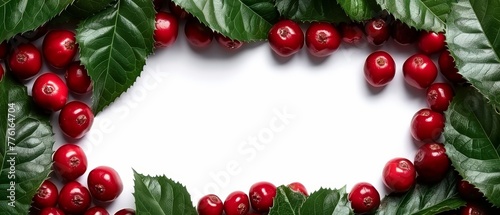  A pristine white backdrop hosts a cluster of red berries and verdant green leaves, unified by an empty central expanse
