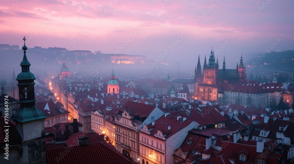 Aerial view of beautiful historical buildings of Prague city in Czech Republic in Europe. - obrazy, fototapety, plakaty 
