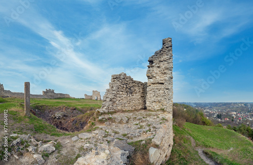 Summer view of ancient castle ruins   Kremenets city   Ternopil Region  Ukraine . Built in 12th century. Four shots stitch image.
