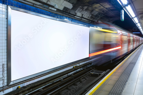 Long exposure, white vertical mock up banner on underground station with motion blurred train. © serperm73