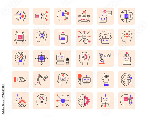 Icons set of robotics with artificial intelligence. Pictograms of digital AI technology, machine learning, smart robots. Isolated line vector illustration