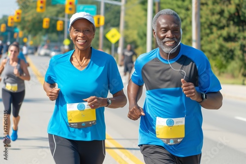 Vibrant couple in coordinated blues jog with elation, marathon in full swing, background blurred with motion. Smiling duo in sporty tees sprint, as other contestants trail in sunlit race setting.