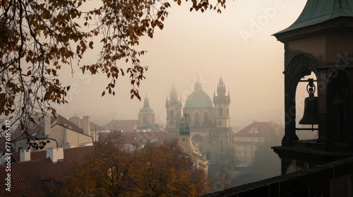 Autumn foliage with beautiful historical buildings of Prague city in Czech Republic in Europe.