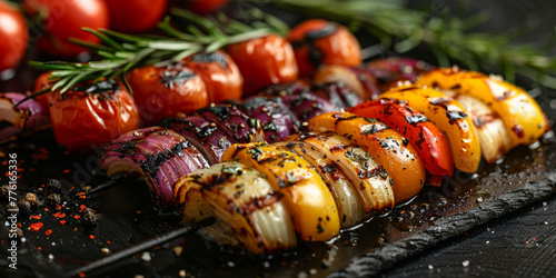 Close up shot of a grilled vegetables on the dark background, fancy table, hyper - realistic style, crispy, smooth texture, delicious, tasty.