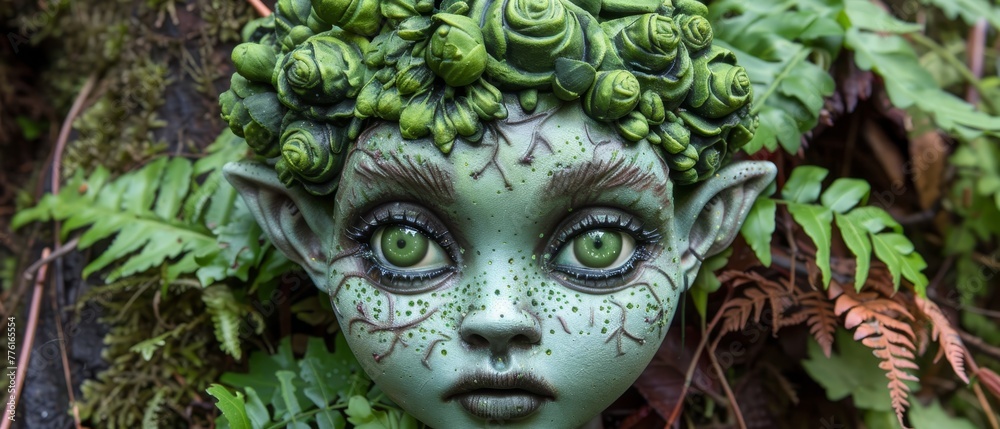   A tight shot of a statue girl adorned with green leaves in her headdress, plus greenery atop her head