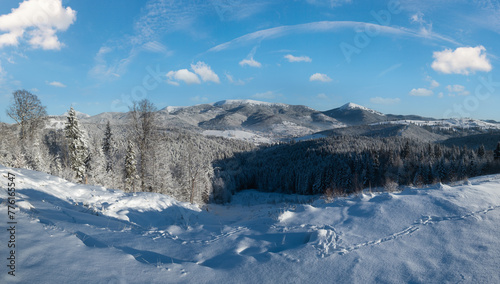 Winter Gorgany massiv mountains scenery view from Yablunytsia pass, Carpathians, Ukraine. © wildman