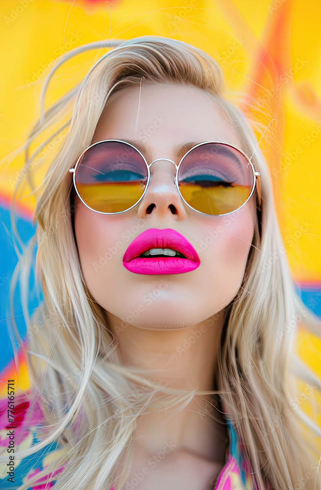 an extremely beautiful woman with blonde hair and bright pink lipstick wearing round sunglasses She is also wearing a colorful