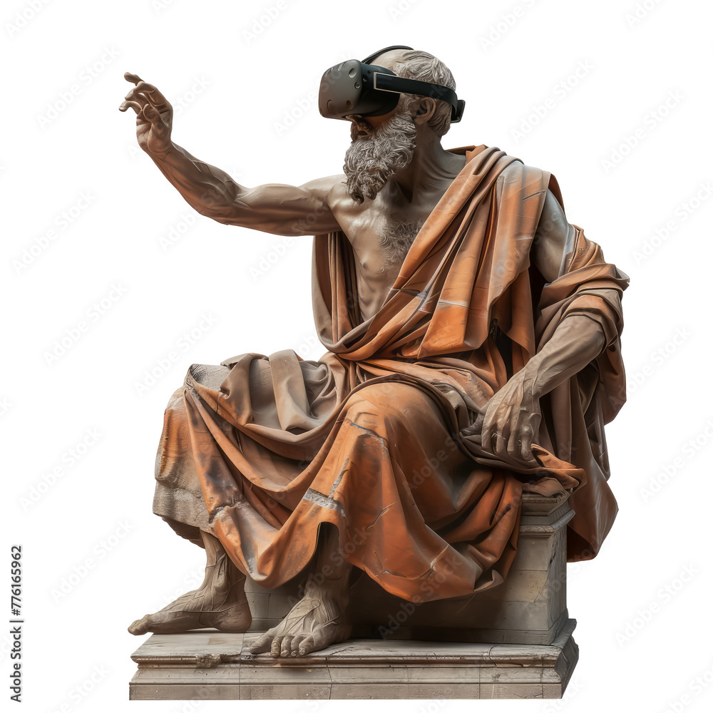 An ancient Greek philosopher with a VR headset, pondering a virtual world of platonic forms. isolated on white background or transparent background, die-cut, png cutout