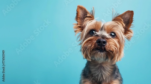 A Yorkshire Terrier begging on a blue background © Rosie