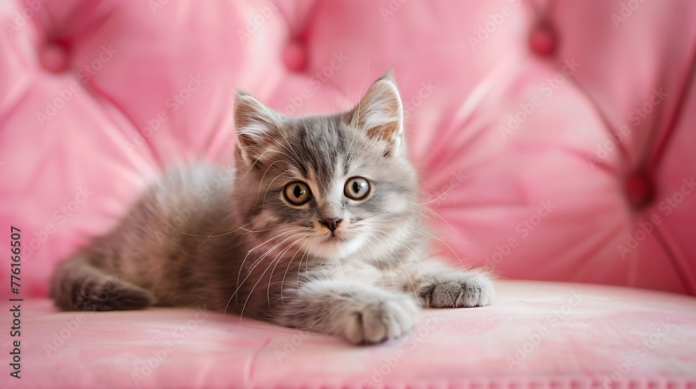 adorable fluffy small grey domestic Kitty lying on pink soft sofa at home
