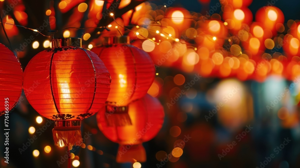 Beautiful red lanterns in street to celebrate Chinese lunar new year. - obrazy, fototapety, plakaty 