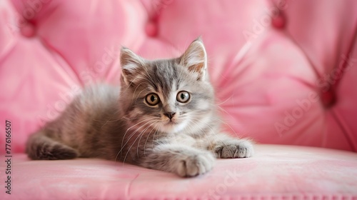 adorable fluffy small grey domestic Kitty lying on pink soft sofa at home