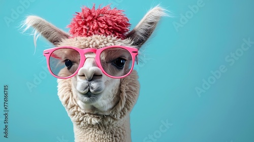 Alpaca with partylcap and shades on blue background