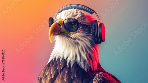 bald eagle wearing sunglasses and headphones on colored background photo