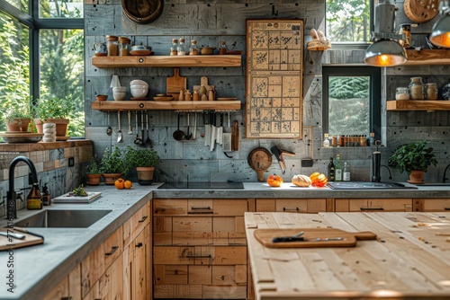 A cozy, well-lit kitchen with wooden cabinets, shelves filled with utensils and plants, and a homey atmosphere photo