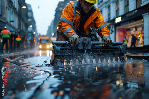 A road worker in reflective gear is using an industrial saw on the wet road at dusk in an urban environment
