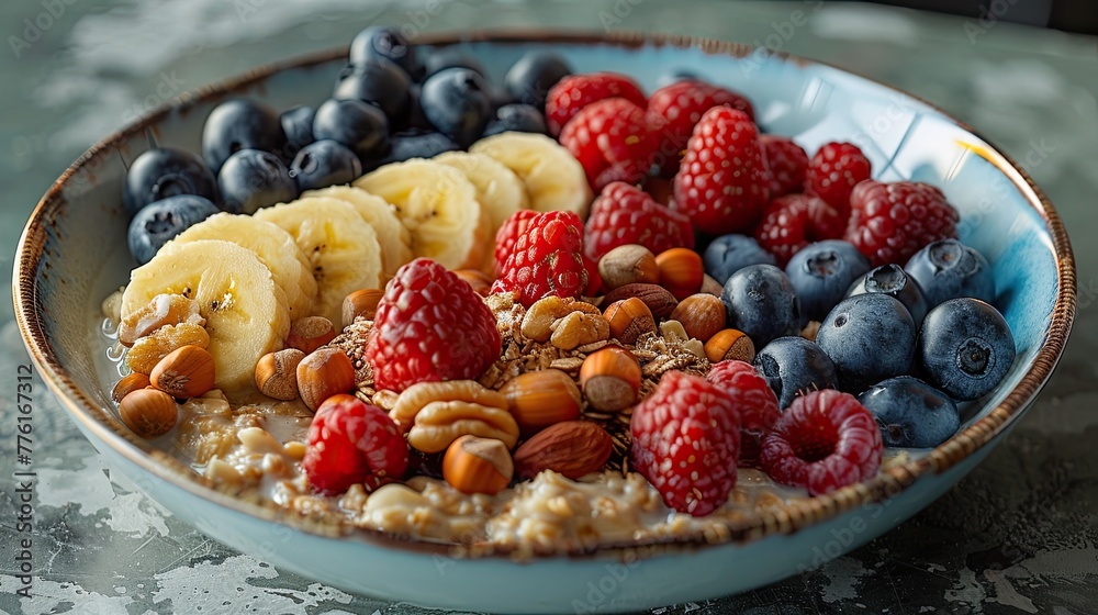 Balanced breakfast plate with oats, fruits, and nuts, showcasing nutrition, solid color background, 4k, ultra hd Balanced breakfast plate with oats, fruits, and nuts, showcasing nutrition, solid color background, 4k, ultra hd