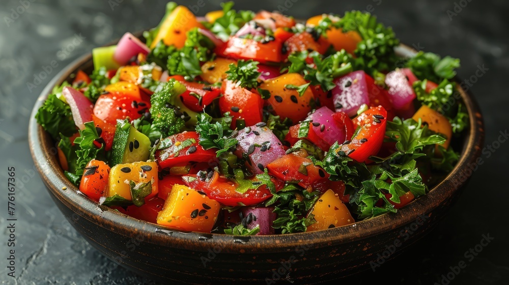 Bowl of colorful vegetable stir-fry, representing simple and nutritious cooking, solid color background, 4k, ultra hd