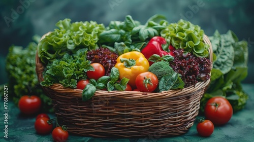 Basket filled with freshly harvested vegetables  symbolizing organic and healthy living  solid color background  4k  ultra hd