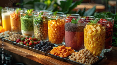 Bohemian chic smoothie setup, with eclectic glassware filled with layered smoothies and trays of assorted boho-inspired snacks, solid color background, 4k, ultra hd