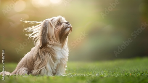 Beautiful Lhasa Apso dog with blowing hair sitting on a green background
