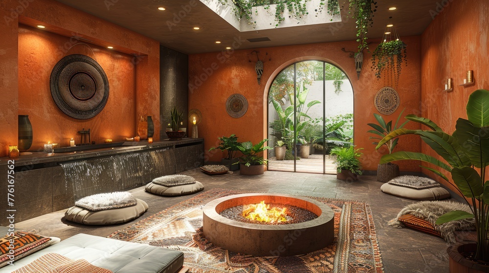 Calming spa space with a central fire pit, ambient tribal rhythms, and ...