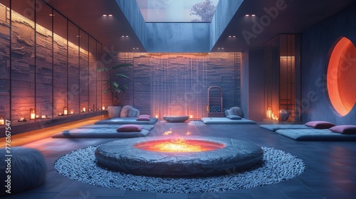 Calming spa space with a central fire pit, ambient tribal rhythms, and plush, fur-lined loungers, solid color background, 4k, ultra hd photo