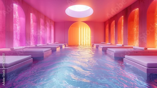 Calming spa sanctuary with an emphasis on chromotherapy  featuring color-changing pools and lights  solid color background  4k  ultra hd