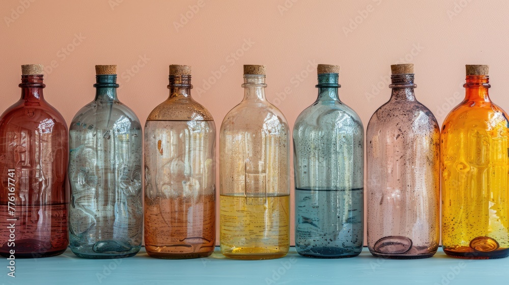 Collection of vintage water bottles, highlighting the historical importance and evolution of hydration, solid color background, 4k, ultra hd