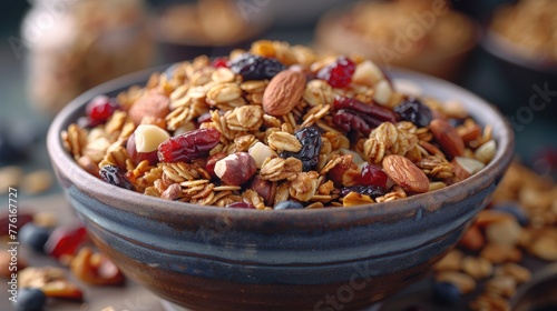 Close-up of organic homemade granola with natural sweeteners and nuts, solid color background, 4k, ultra hd