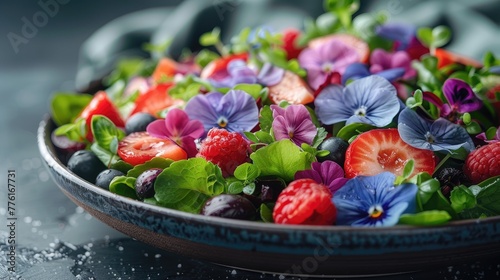 Colorful salad with edible flowers, symbolizing beauty and health, solid color background, 4k, ultra hd