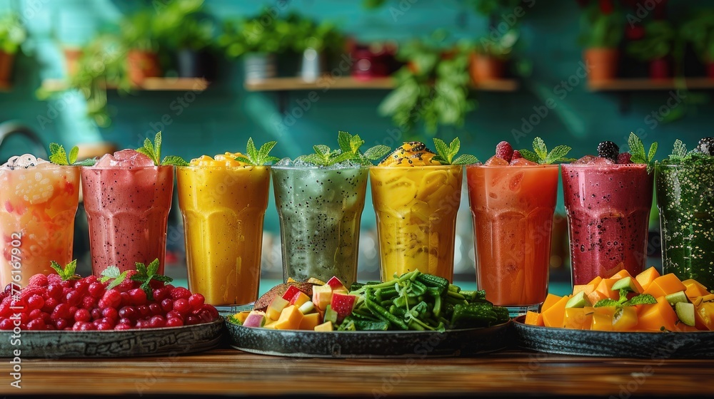 Creative vegan cafÃ© scene with a variety of plant-based smoothies and an array of vegan snack platters, solid color background, 4k, ultra hd