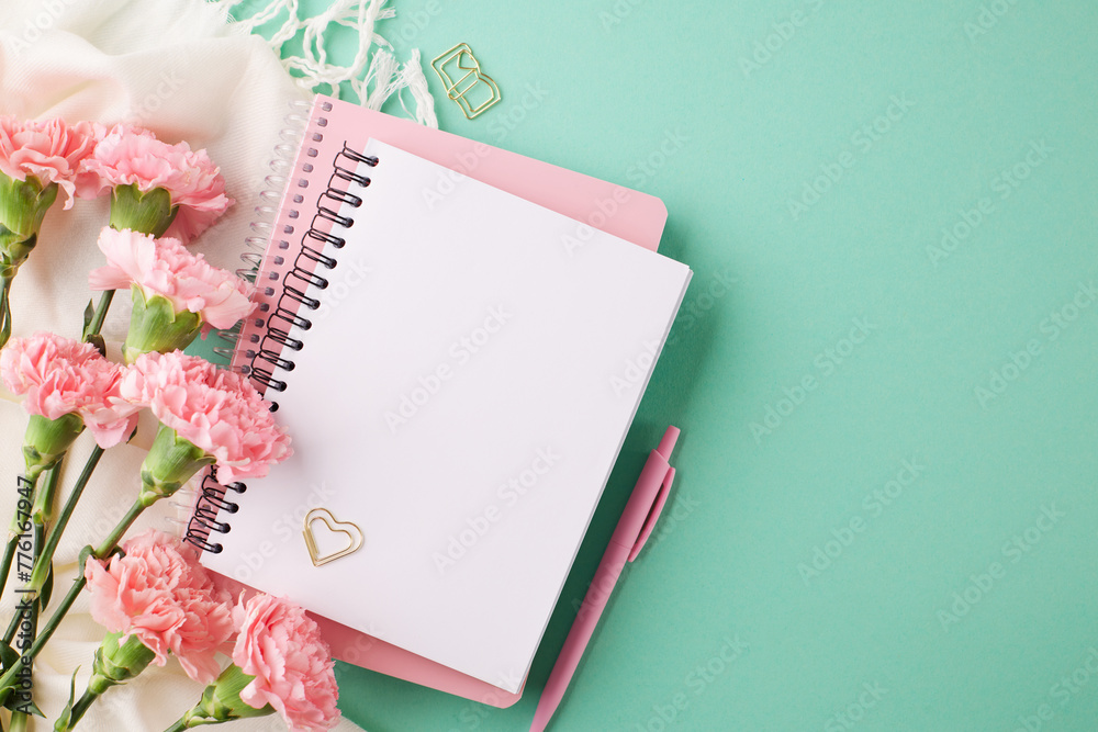 Embrace of May: An overhead view showcasing a scarf and carnations on a turquoise background, perfect for heartfelt Mother's Day messages Embrace of May: An overhead view showcasing a scarf and carnations on a turquoise background, perfect for heartfelt Mother's Day messages