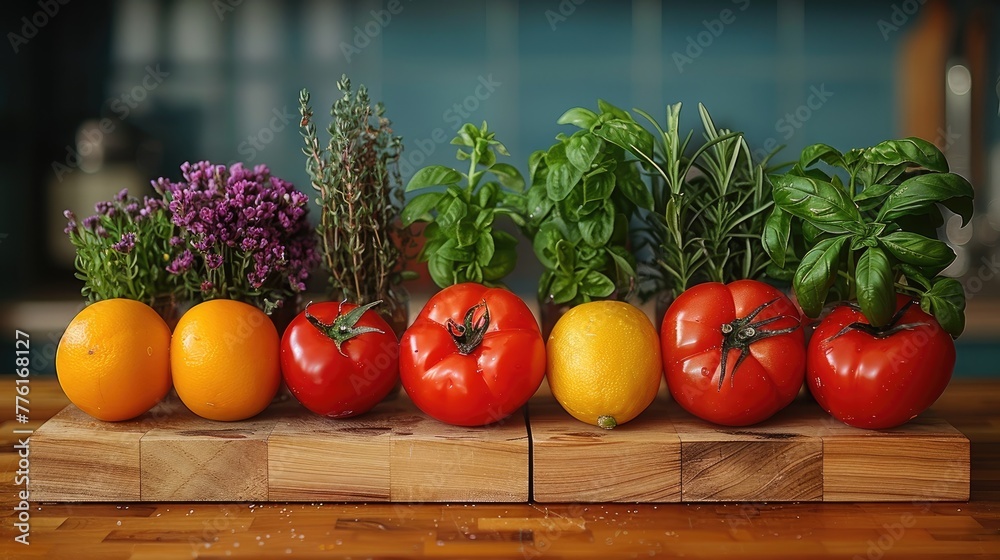 Fresh ingredients laid out for a healthy cooking session, symbolizing preparation and nutrition, solid color background, 4k, ultra hd - obrazy, fototapety, plakaty 